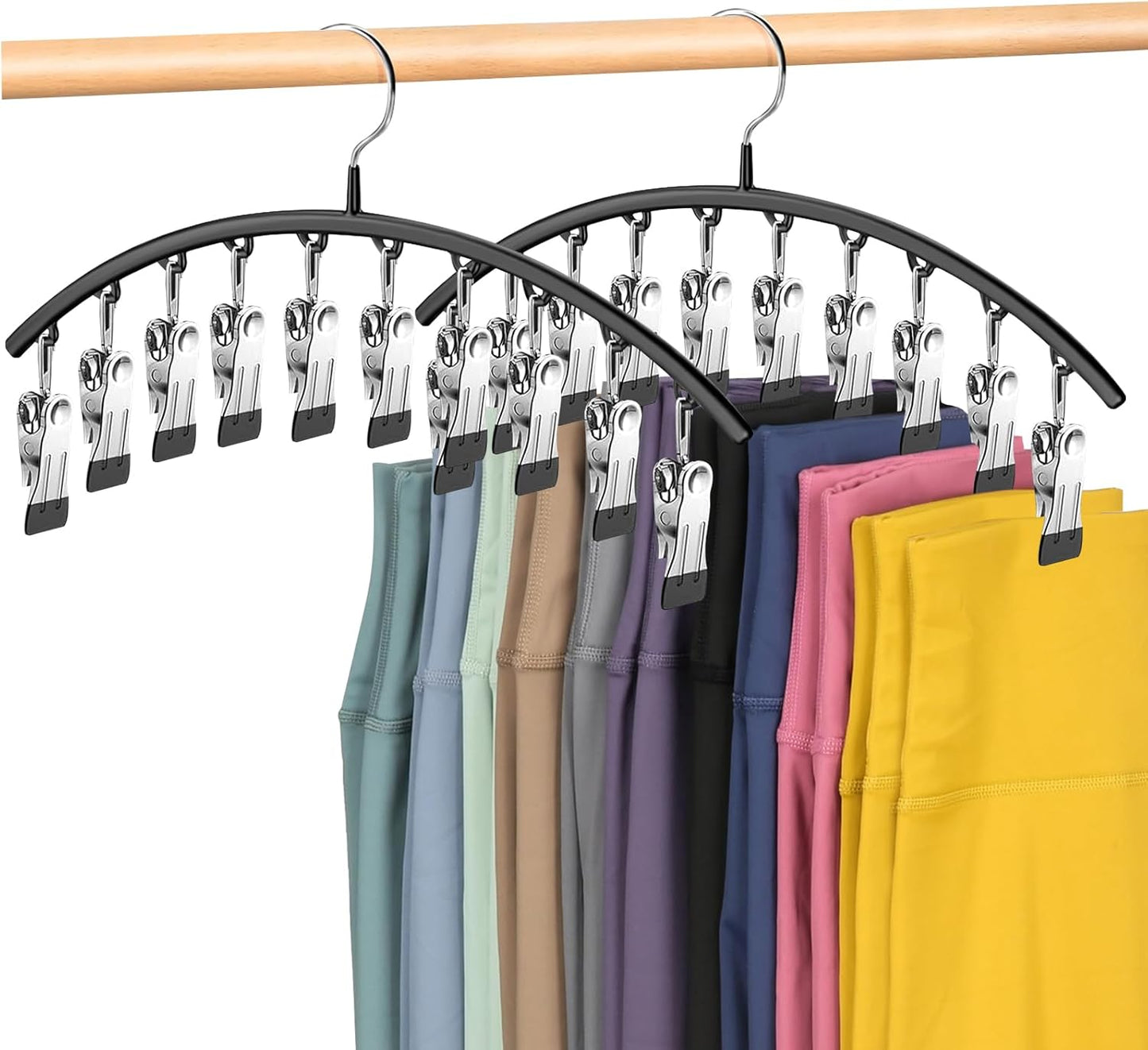 Legging Organizer - Metal Pants Hangers, 2 Pack with 10 Clips, Holds 20 Leggings, Space-Saving Closet Storage, Rubber Coated, Black