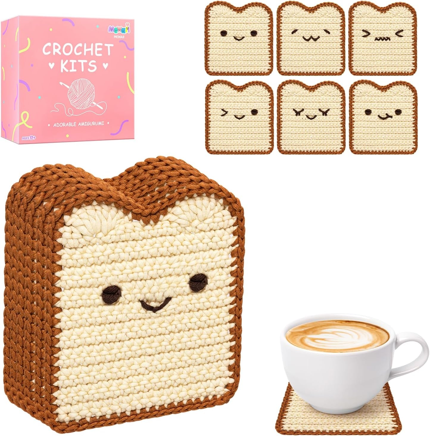 Beginner Crochet Kit Level 1: Toast Coaster with 40% Extra Pre-Started Easy Yarn and Step-by-Step Video Tutorials for Adults and Kids