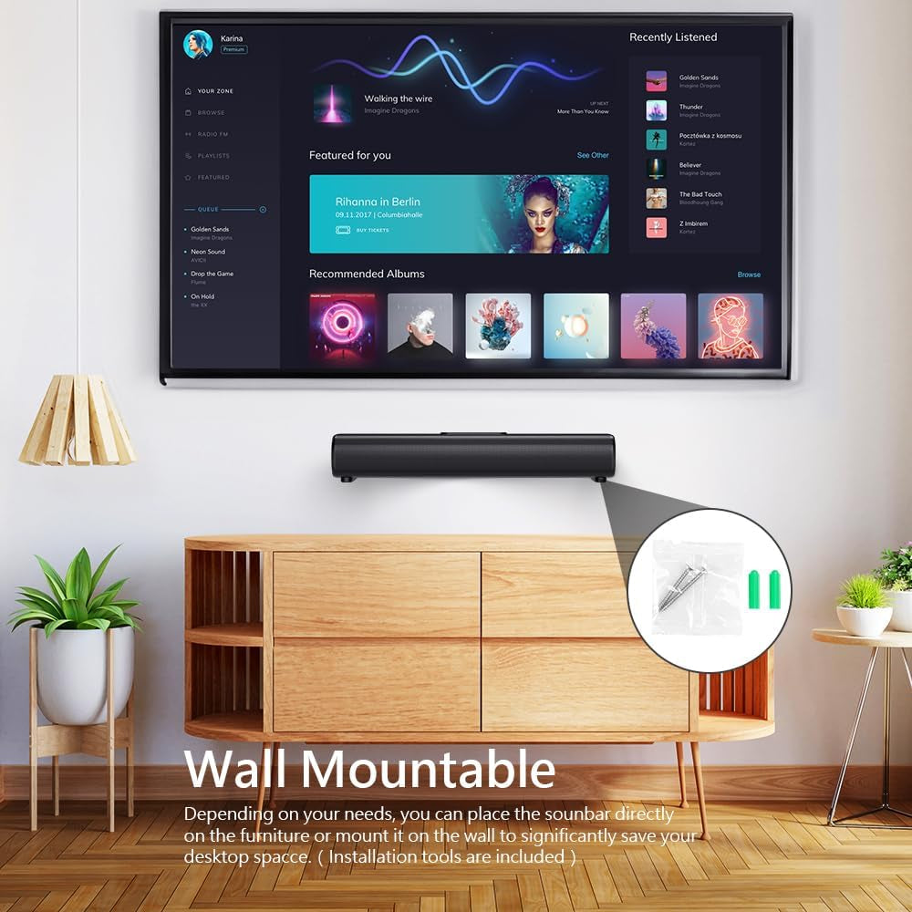 16-Inch Bluetooth Sound Bar for TV - 50W Home Audio Speaker - Subwoofer, Bass & Surround Sound, Wall Mountable - Aux/HDMI/Optical/USB - 3EQs