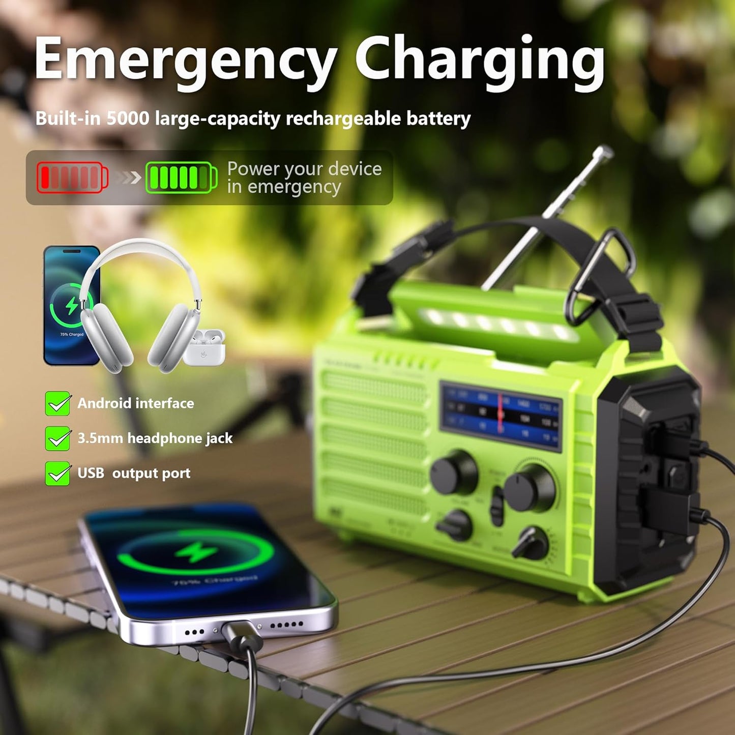 5-Way Powered Emergency Weather Radio Solar Charging, Hand Crank, USB Charger - 5000 Rechargeable, Radio, SOS Alarm, LED Camping Flashlight, Reading Lamp, Headphone Jack, Compass