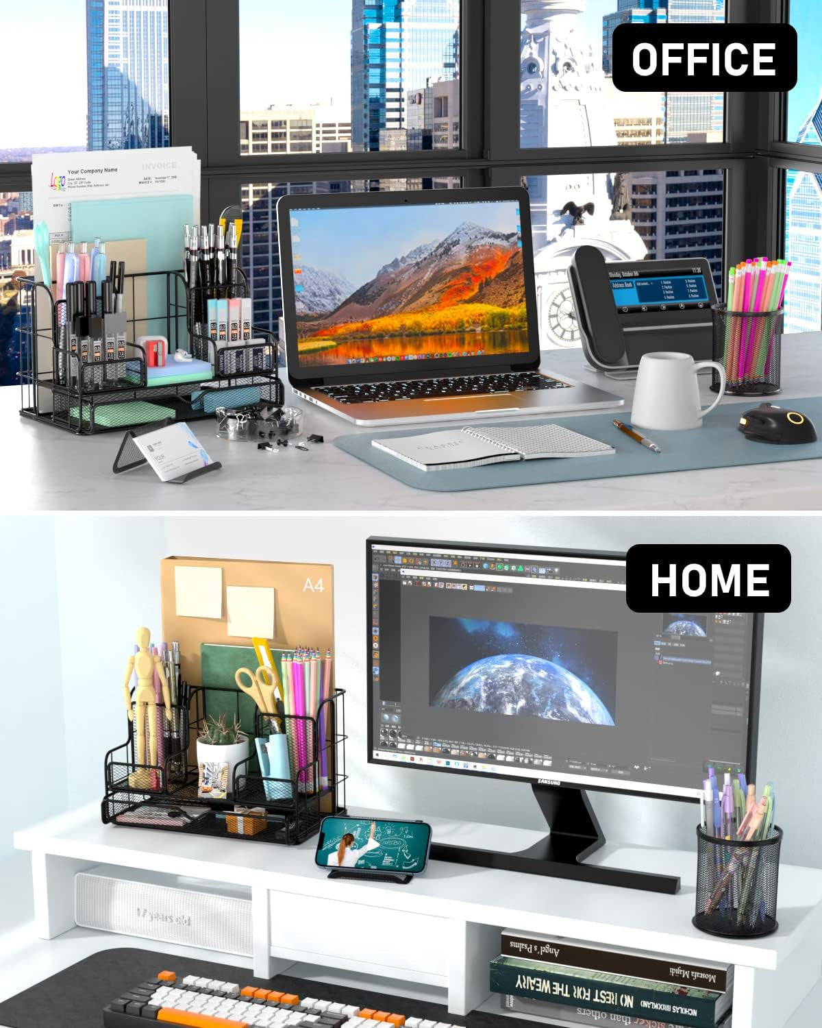Black Mesh Desktop Organizer Set with Drawers, Pen and Phone Holders, 72 Paper Clips, and Office Supply Caddy for Home and Office Use