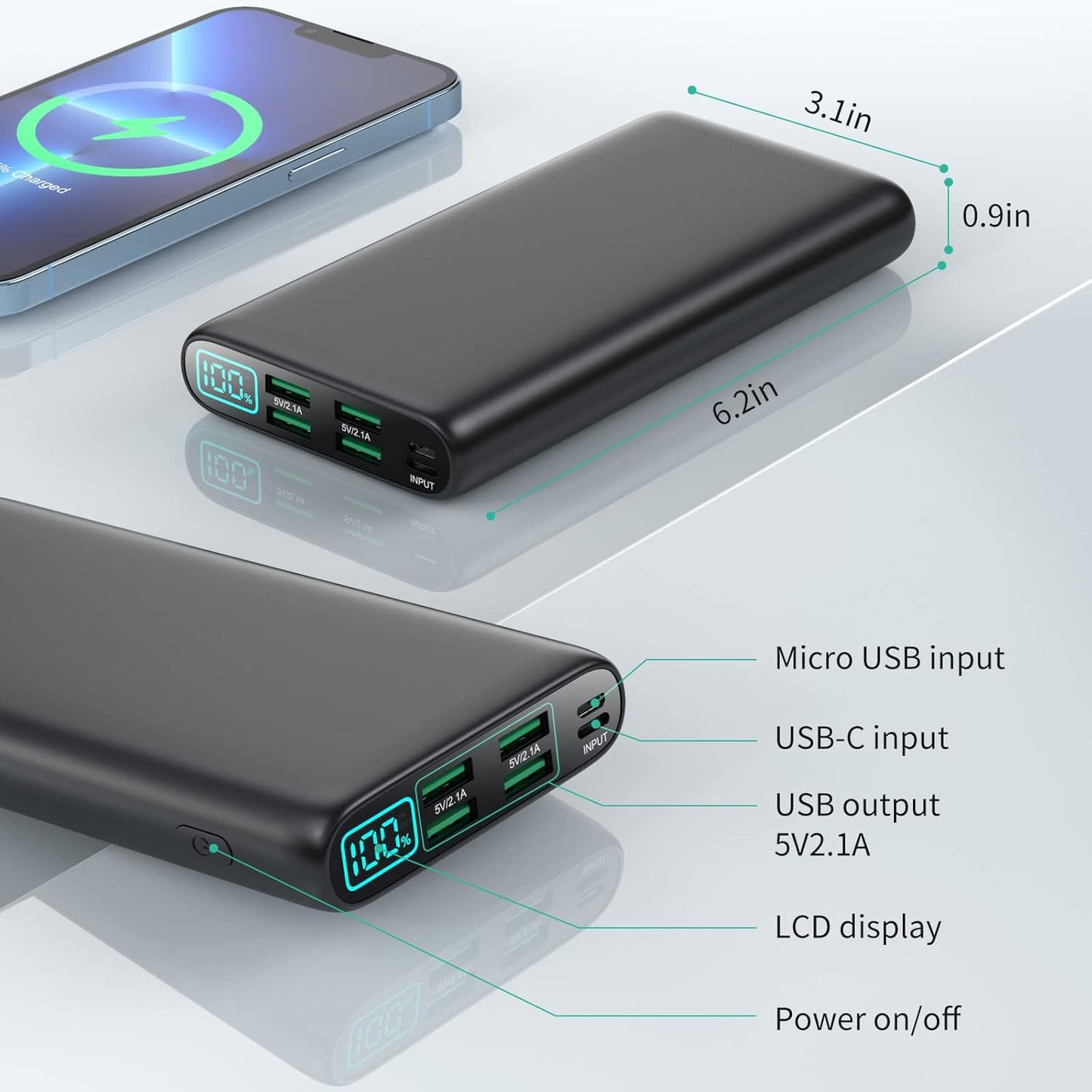 High-Capacity 38,800mAh Portable Charger with LCD Display, 5 USB Outputs, Dual USB-C Input/Output
