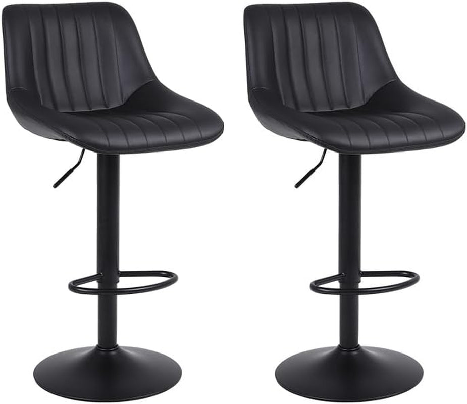 Set of 2 Adjustable Height Swivel Bar Stools in Black Bonded Leather with Backrest and Stability Features
