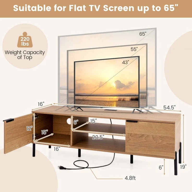 2-Door TV Stand with Integrated Charging Station and Open Shelving for TVs up to 65 Inches