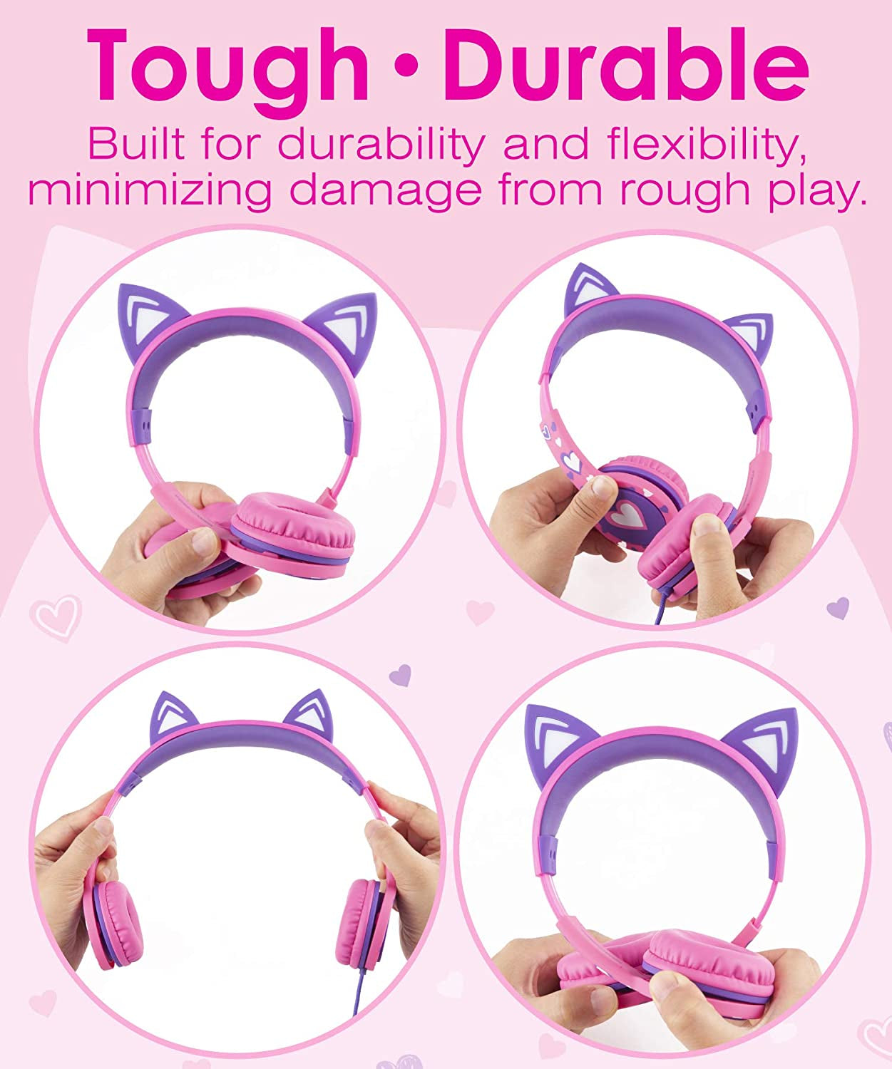 Children's Wired Headphones with LED Cat Ears and Safe Volume Limit (85 dB) - Tangle-Free 3.5mm On-Ear Design for School and Travel - Hot Pink/Purple