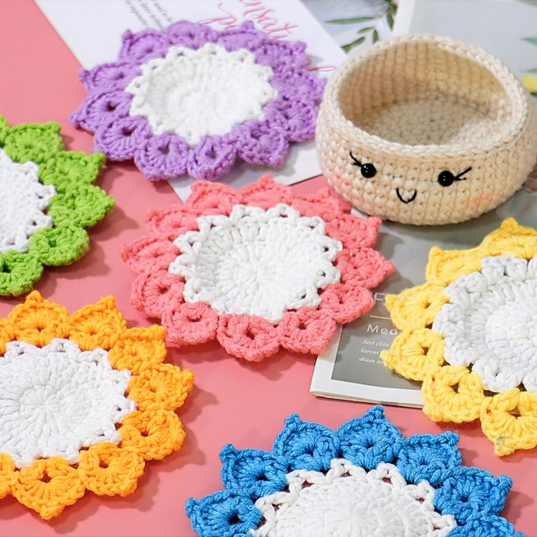 Beginner's Crochet Kit: 6-Piece Flower Potted Plant Coaster Set with Crochet Hook, Colorful Yarn, Stitch Marker, and Instruction Manual for Craft Enthusiasts