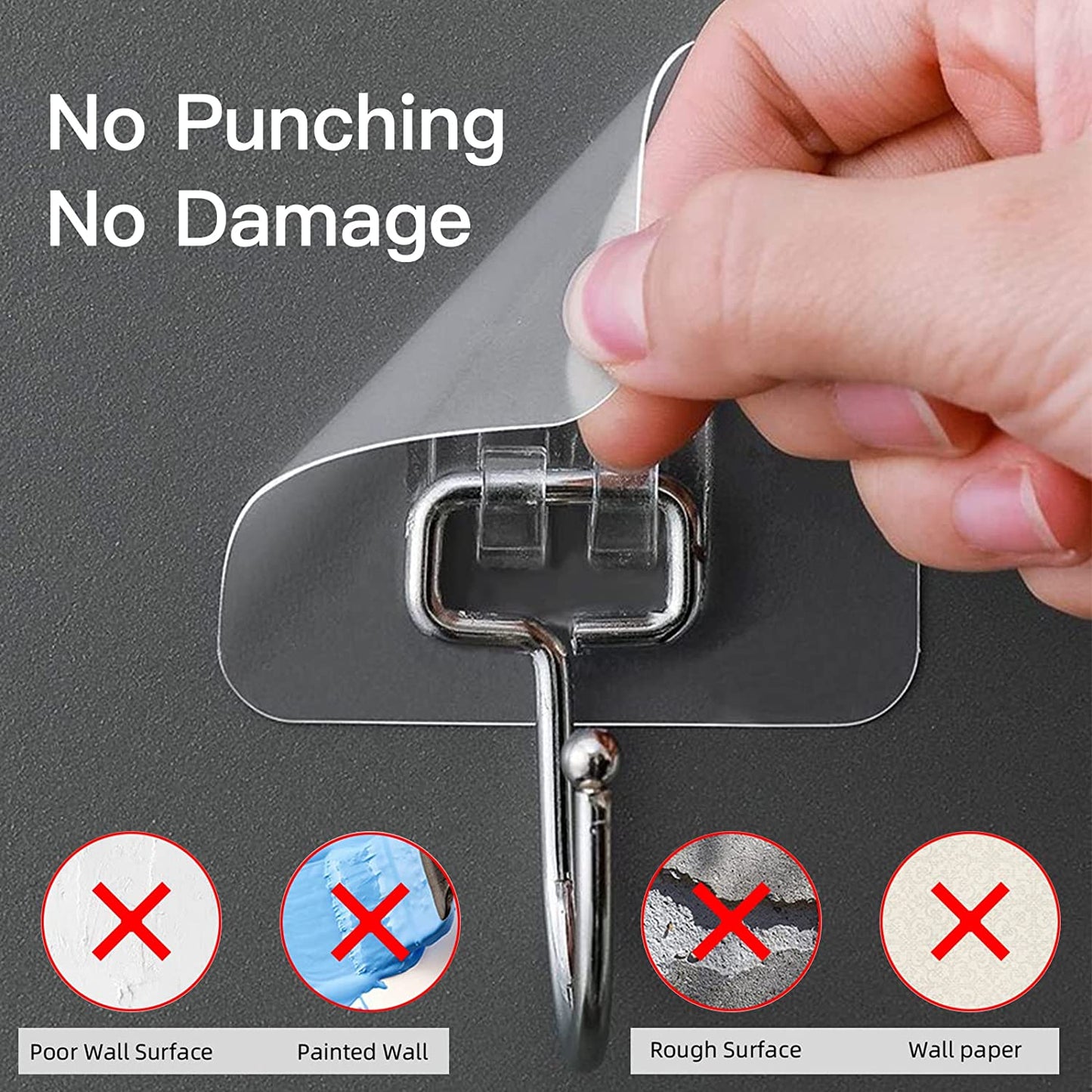 Heavy-Duty Large Adhesive Hooks - 10 Pack, 44 lb Max Capacity, Traceless Clear Removable Wall Hooks, Waterproof, Rustproof