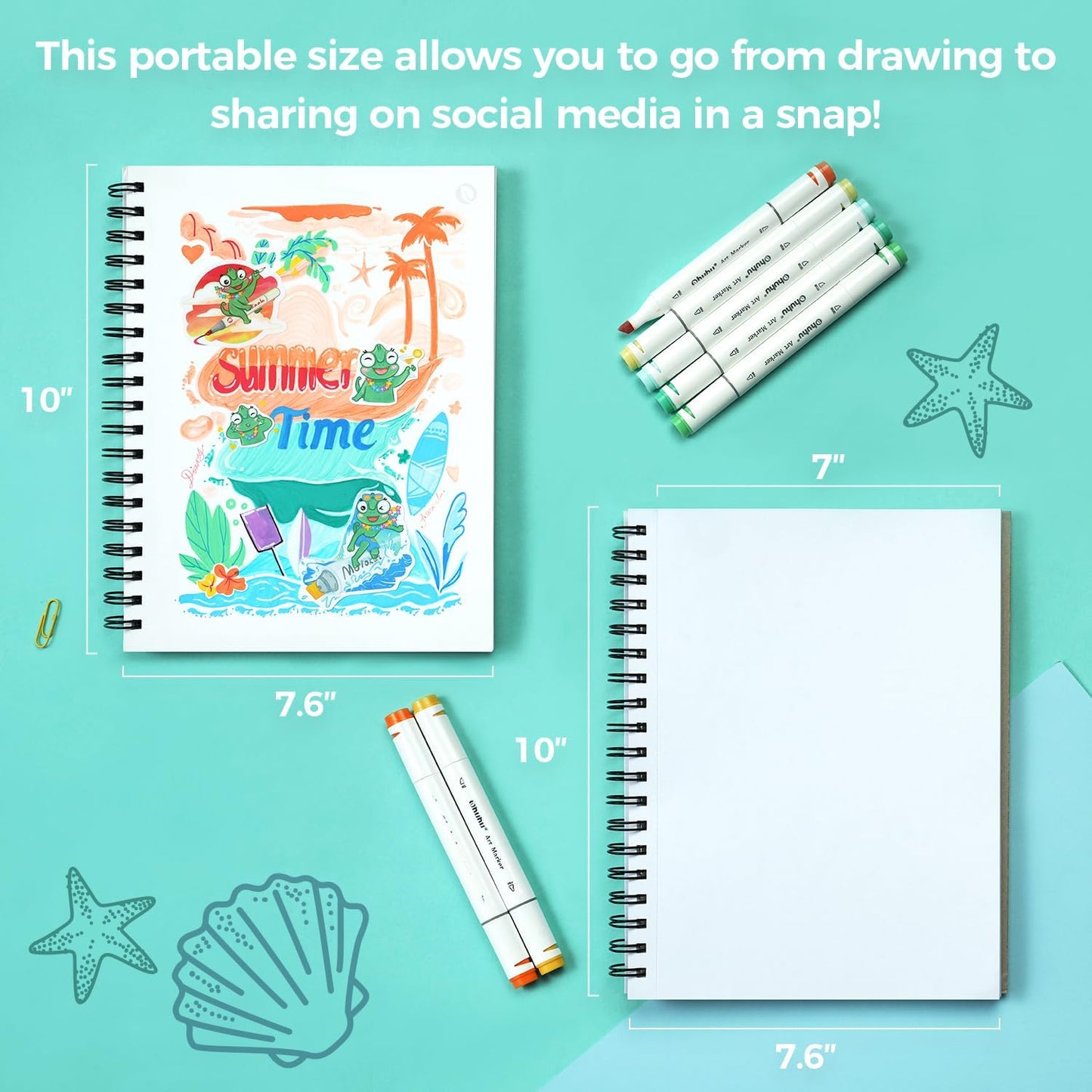 Double-Sided Marker Pads Art Sketchbook - 7.6" x 10" Large Format - 90LB/150GSM Smooth Bleedproof Paper - 60 Sheets/120 Pages