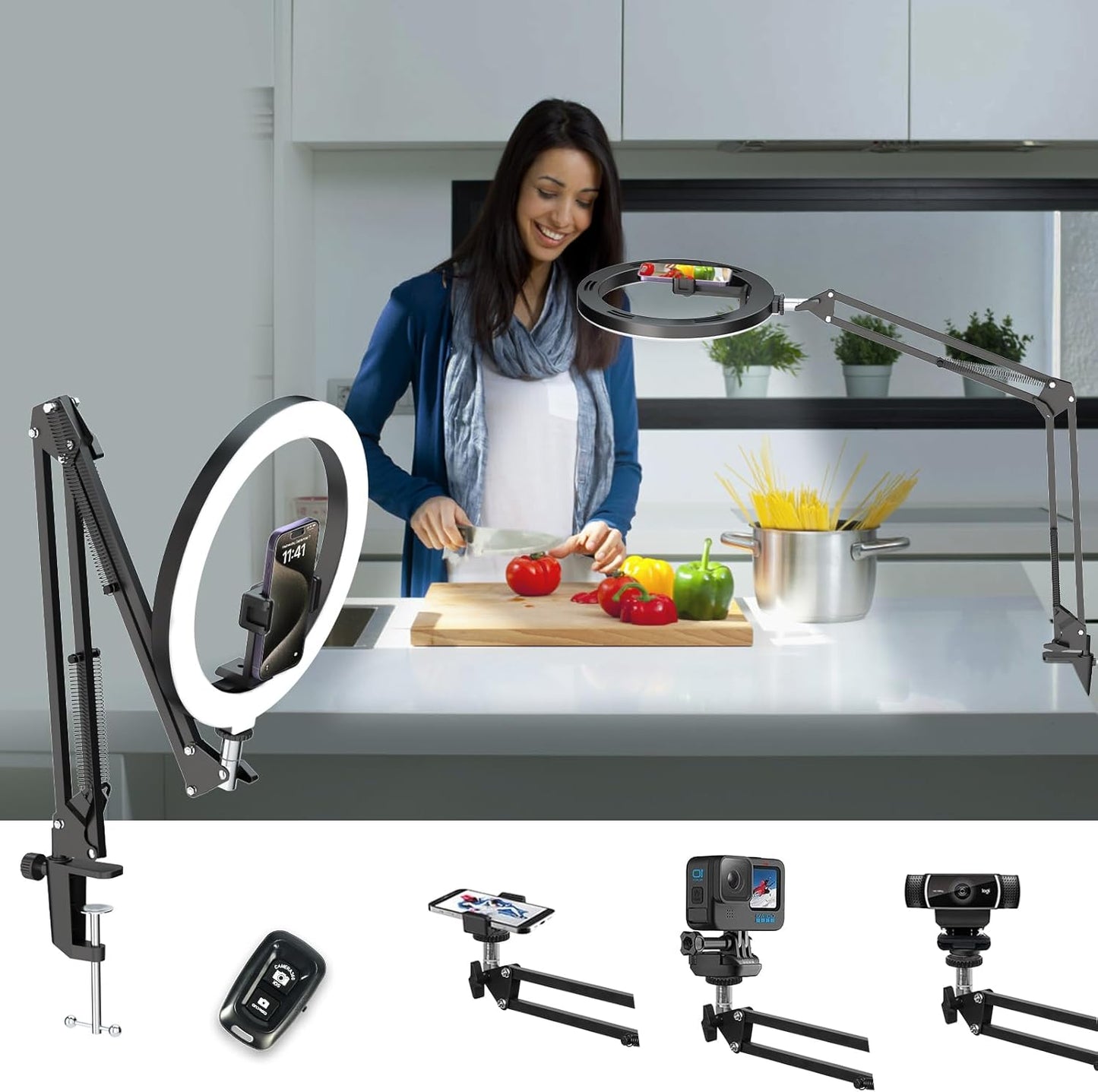 Ring Light with Adjustable Stand and Phone Holder – 10" Overhead Mount