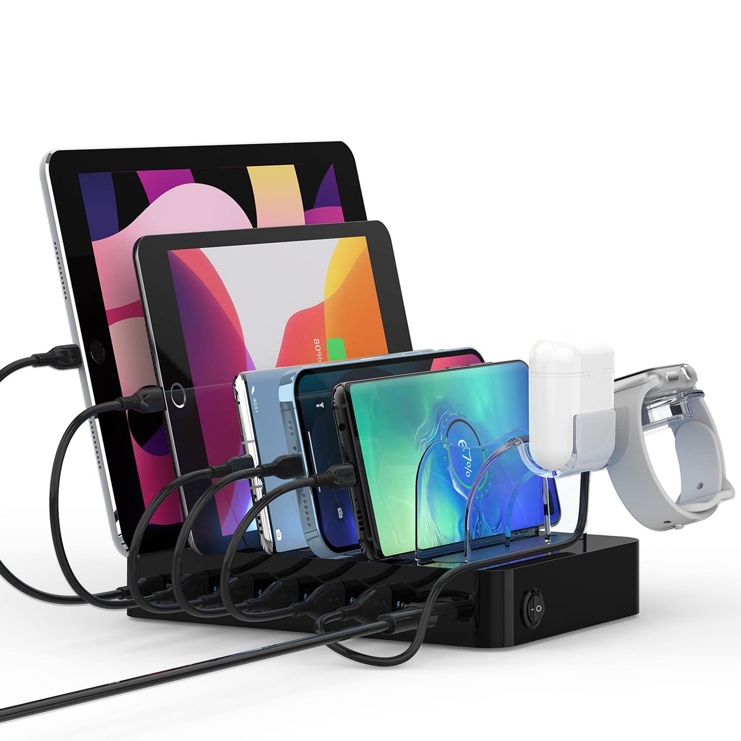 60W/12A 6-Port Charging Station with PD 20W USB-C Fast Charging - 6 Short Cables and 2-in-1 Holder, Compatible with Phones, Tablets