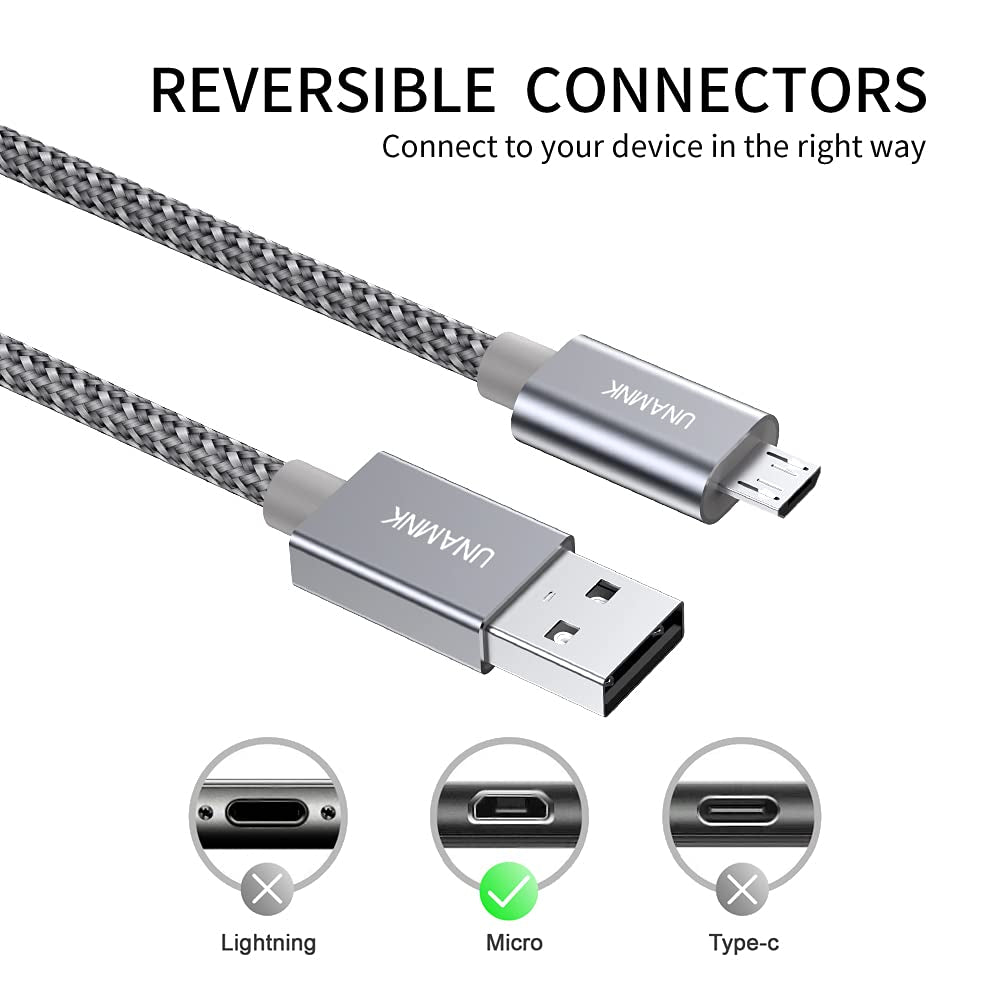 Micro USB Cable 6.6 Feet - USB A Male to Micro B Male Charger for Android Devices (Aramid Fiber & Double Braided Nylon) -(Gray)