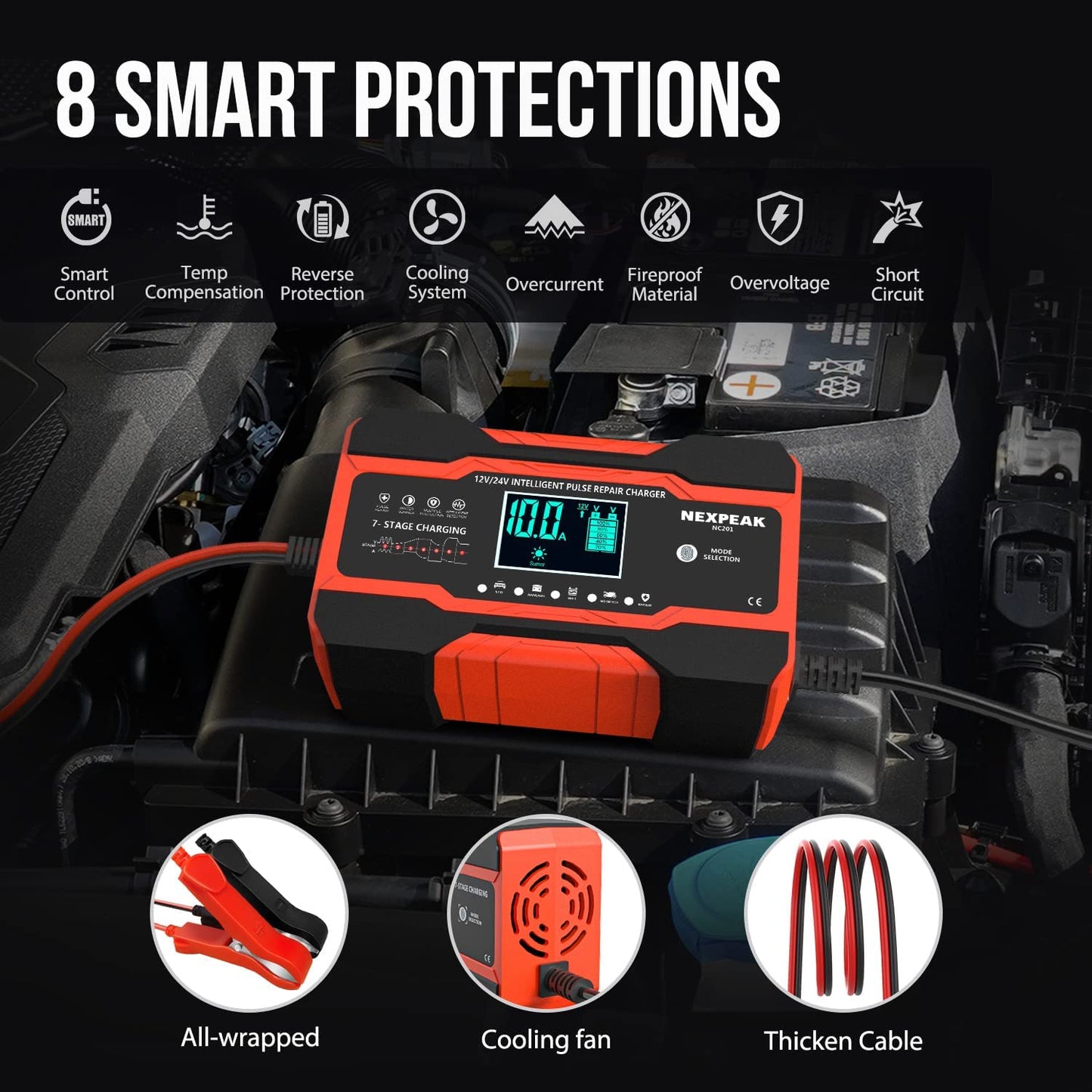 10-Amp Car Battery Charger, Smart Trickle Charger Fully Automatic 12V 24V Battery Charger Maintainer W/Temp Compensation