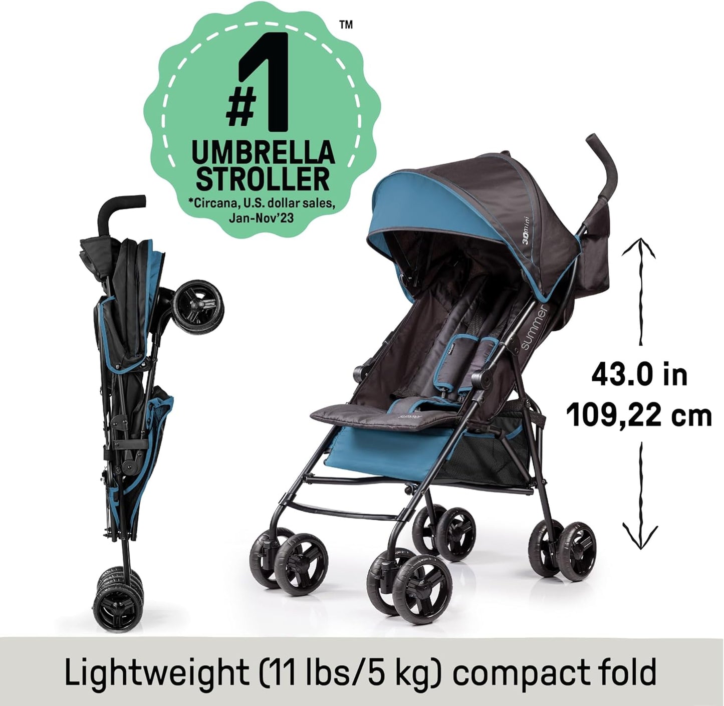 Infant 3D Mini Lightweight Stroller - Compact Fold, Multi-Position Recline, Canopy, Summer Pop-Out Sun Visor - Gray