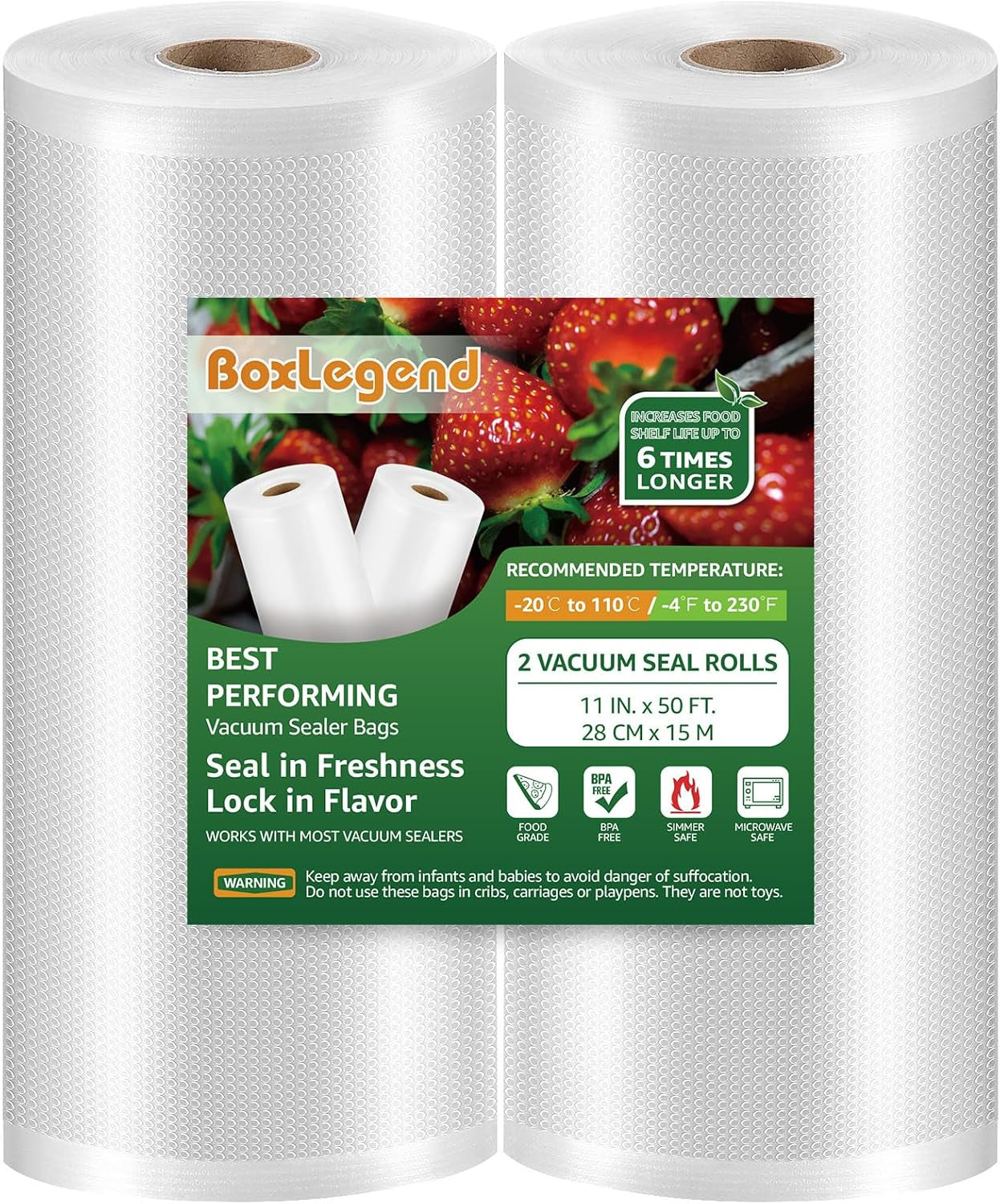 Commercial Grade Vacuum Sealer Bags for Food Storage - 2 Pack, 11 Inch x 50 FT, BPA Free, Ideal for Sous Vide and Food Preservation