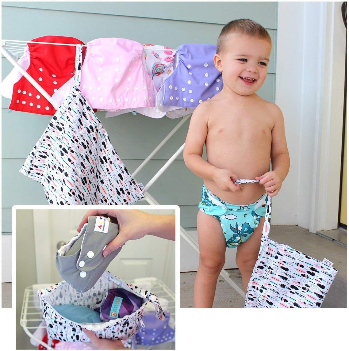 Reusable Waterproof Baby Wet/Dry Bags - Dual Zippered Pockets - 2 Pack for Travel