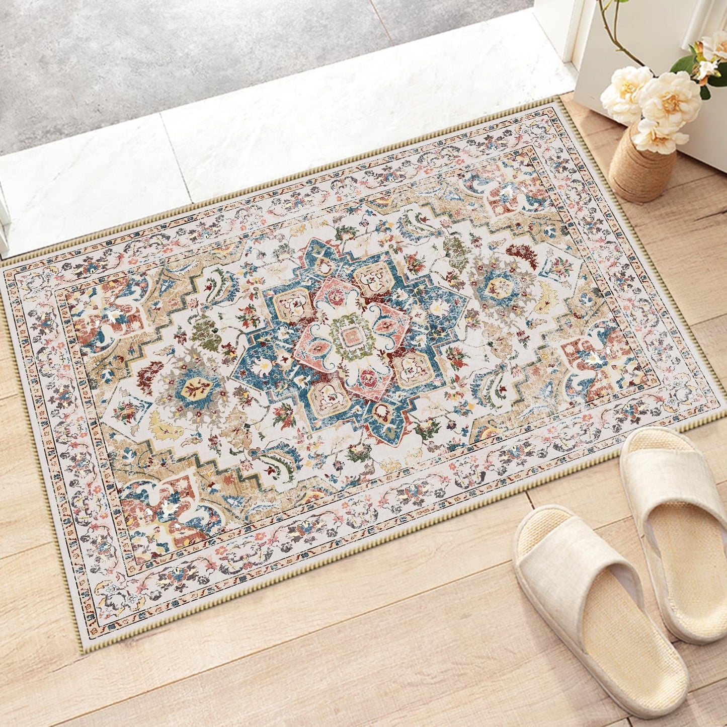 Boho Non-Slip Washable Runner Rug for Hallway and Kitchen, 2x5 Ft Light Grey Area Mat for Bedroom, Bath, Laundry, and Entryway