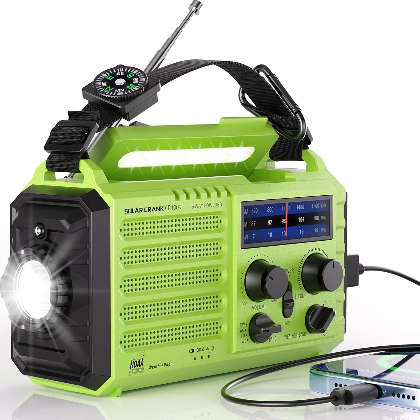 5-Way Powered Emergency Weather Radio Solar Charging, Hand Crank, USB Charger - 5000 Rechargeable, Radio, SOS Alarm, LED Camping Flashlight, Reading Lamp, Headphone Jack, Compass