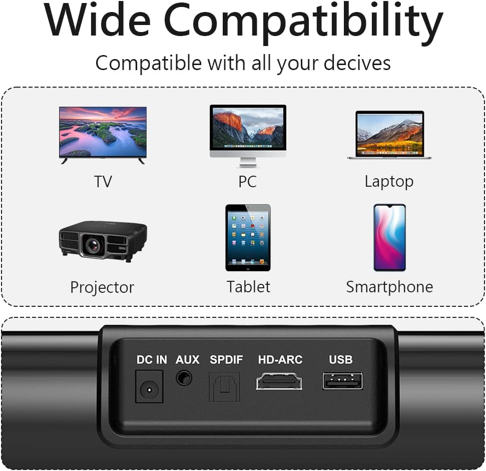 16-Inch Bluetooth Sound Bar for TV - 50W Home Audio Speaker - Subwoofer, Bass & Surround Sound, Wall Mountable - Aux/HDMI/Optical/USB - 3EQs