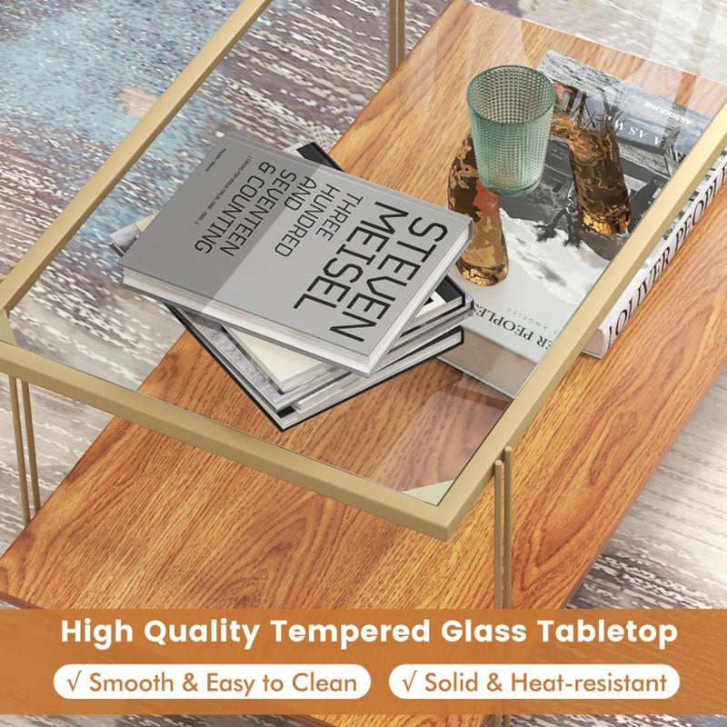 Two-Tier Rectangular Glass Coffee Table with White and Gold Steel Frame