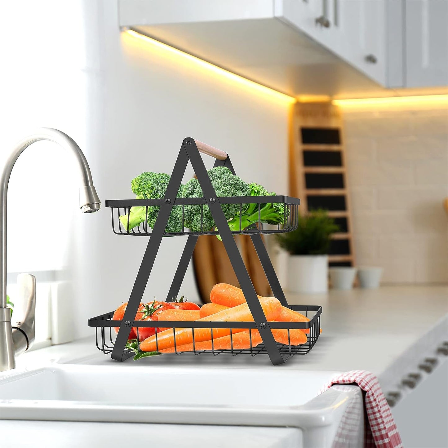 2-Tier Portable Countertop Fruit Basket for Kitchen and Dining Room Organization - Detachable Metal Rectangle Storage