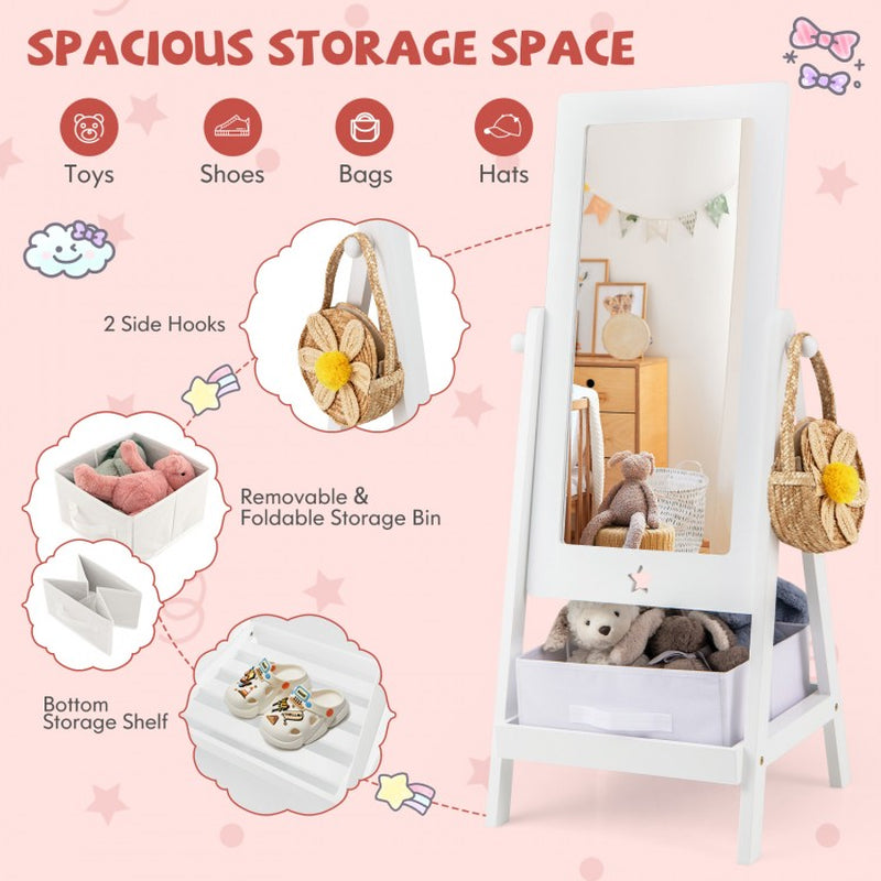 360-Degree Rotatable Full-Length Mirror for Kids with Integrated Storage Bin