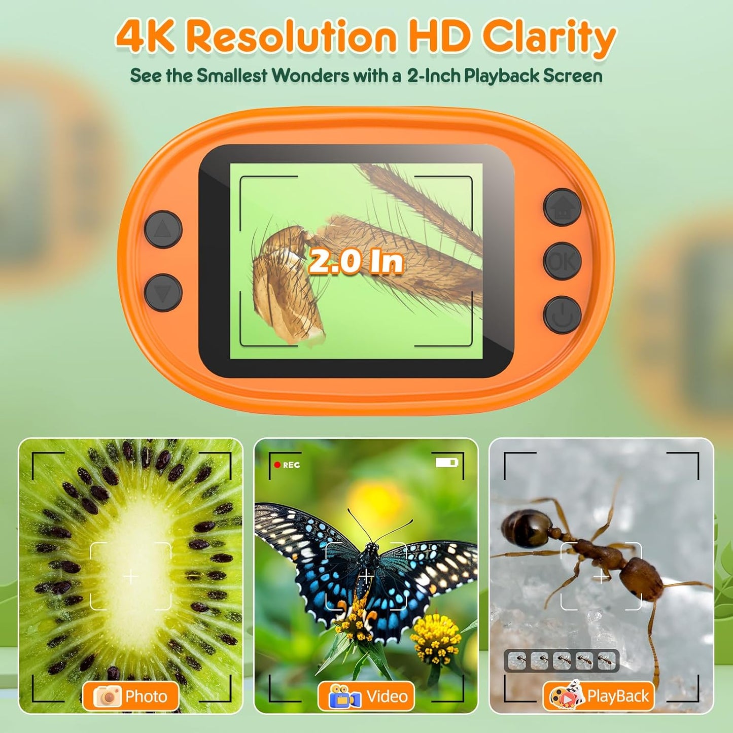 1000X Handheld Digital Microscope for Children - 4K 2.0" Display, Rechargeable Portable Mini Lab Scope with Slides Kit