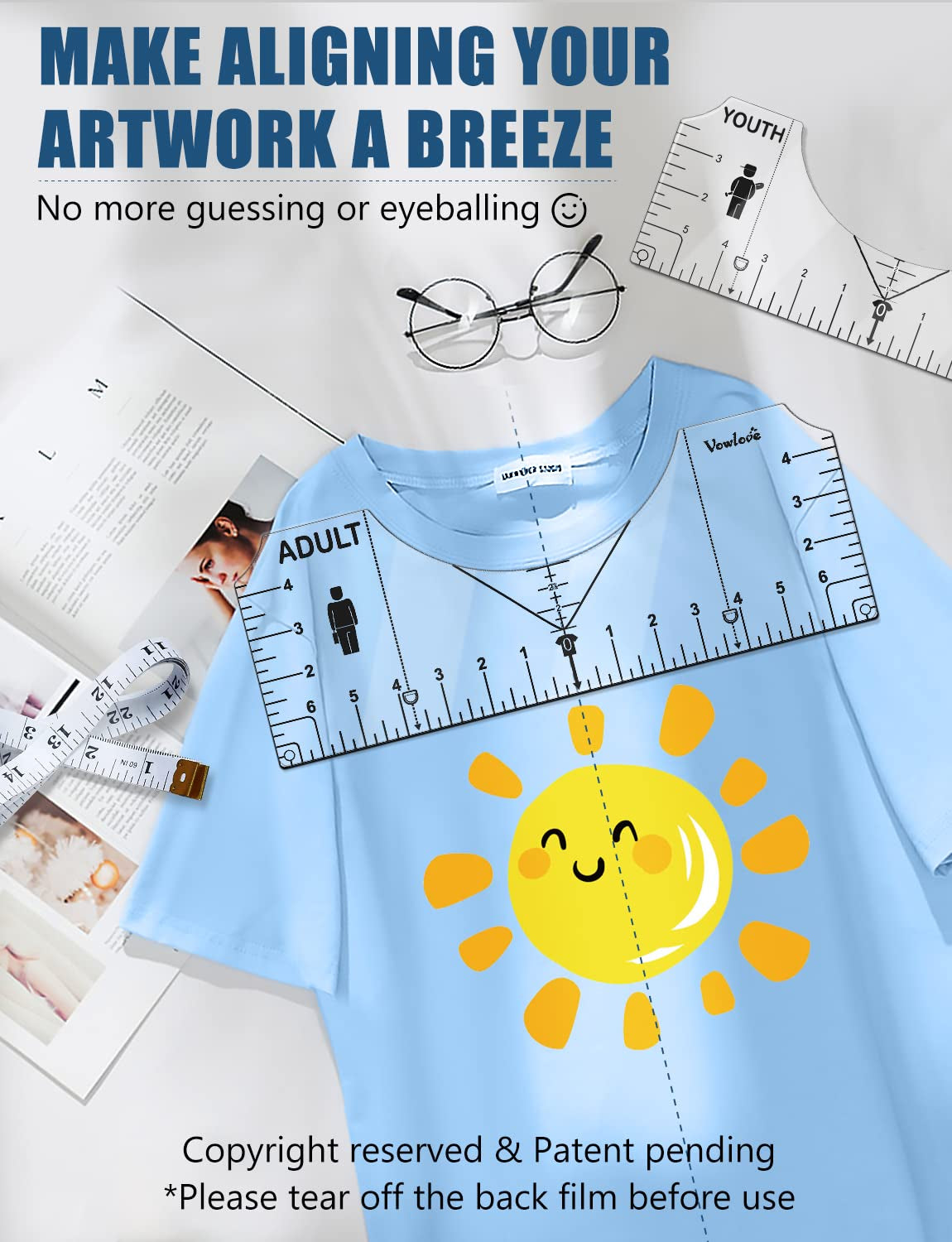 T-Shirt Alignment Ruler Measurement Tool for Centering Designs and Logos, Vinyl Placement-Heat Press and Sublimation Applications
