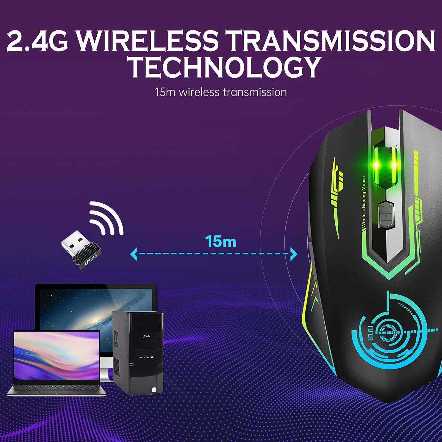 Wireless Gaming Mouse - 10000 DPI, Rechargeable USB Wireless Mouse - 6 Buttons 7 Changeable LED Color Programmable