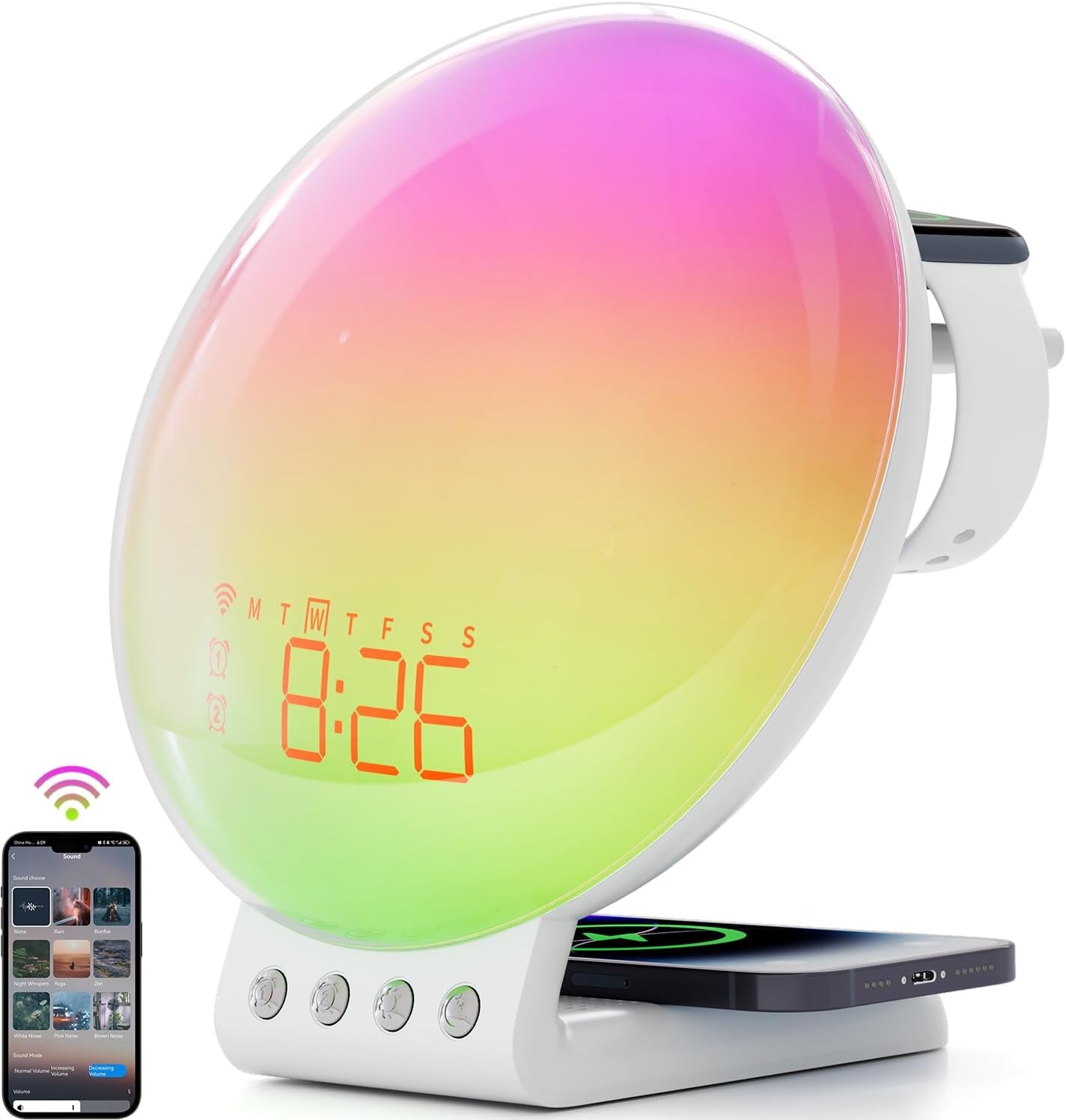 Sunrise Alarm Clock for Deep Sleepers - Sunrise/Sunset Simulation, Dual Alarms, Natural Sounds, Snooze Function, FM Radio, 7-Color Night Light