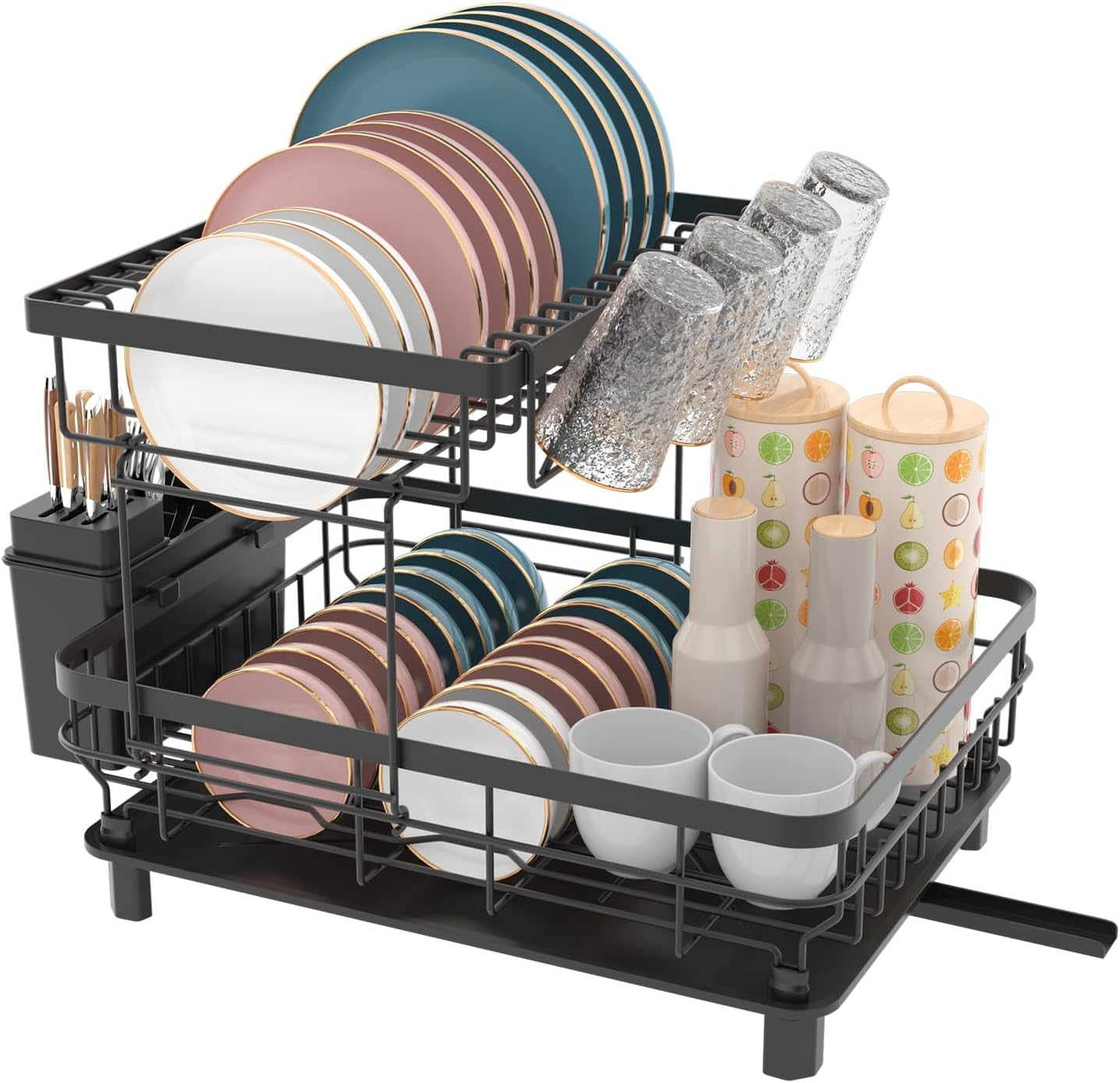 Large Double Layer Dish Drying Rack with Drainage Plate and Rotating Nozzle, Includes Tableware Rack and Cup Holder for Kitchen Counter