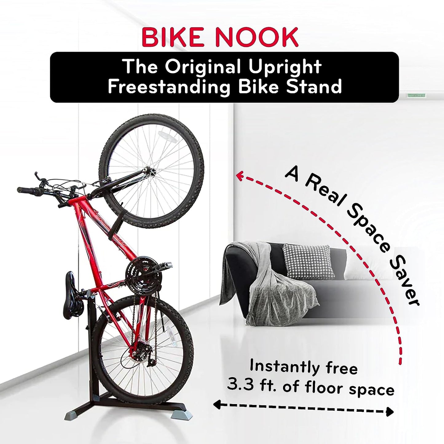 Bike Stand and Vertical Storage Rack - Original Vertical Bicycle Floor Stand for Garage and Indoor/Outdoor Use - Ideal Bike Accessory for Compact Spaces with No Drilling Required