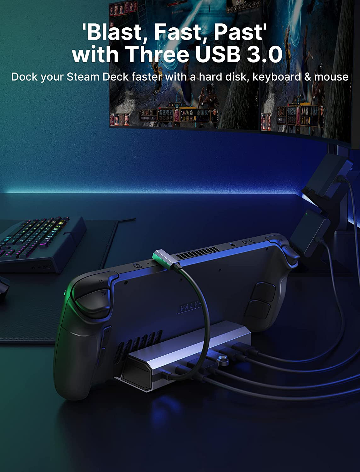 6-in-1 Docking Station for Steam Deck, ROG Ally, and Legion Go - HDMI 2.0 4K@60Hz, Gigabit Ethernet, 3 USB-A 3.0 Ports, and 100W USB-C Charging
