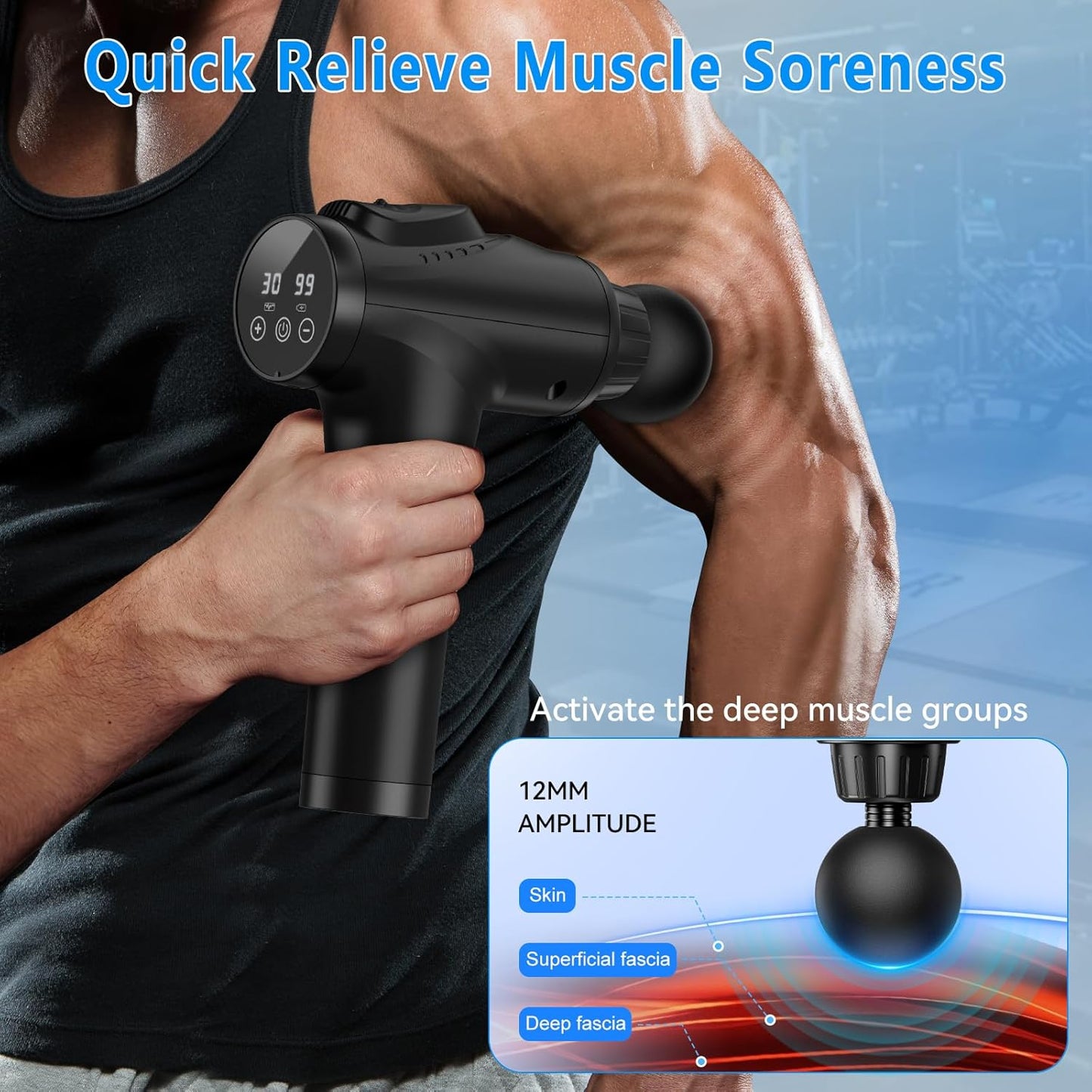 Professional Handheld Deep Tissue Massage Gun for Athletes - 30 Speed Levels with 9 Interchangeable Heads