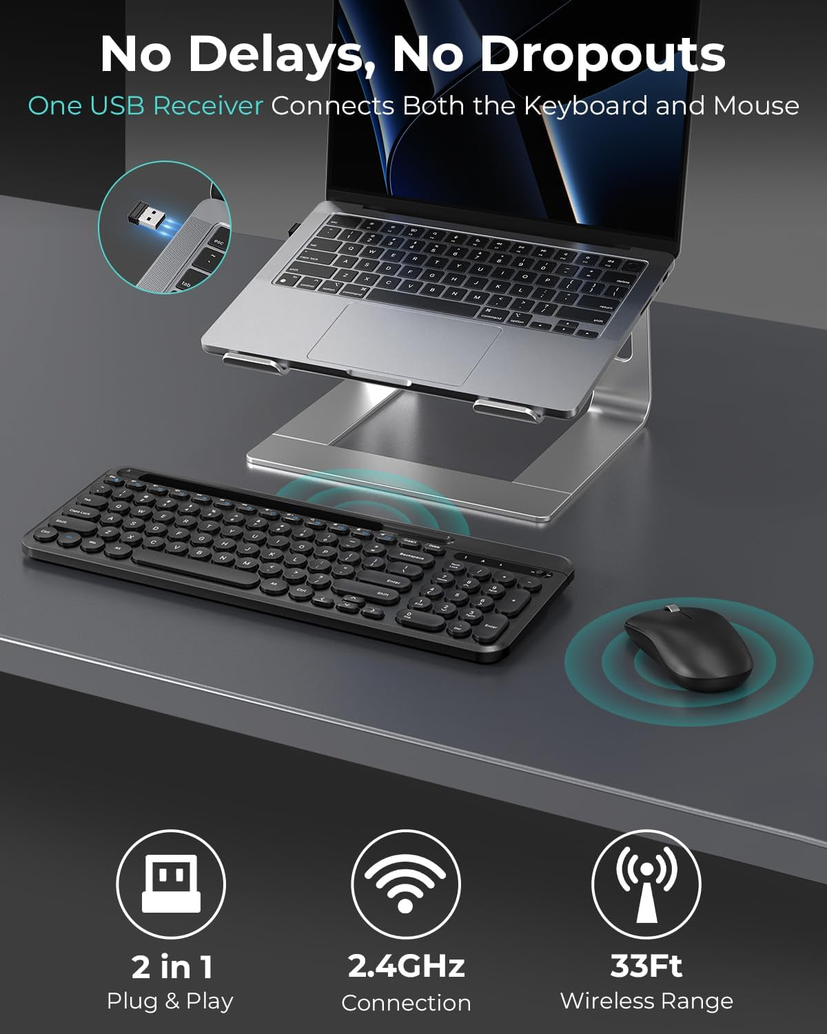 Wireless Keyboard and Mouse Set, 2.4G Quiet Typing Keyboard with Tablet and Phone Holder, 12 Multimedia Hotkeys, Silent Click Mouse, 36-Month Battery Life for PC, Mac, and Laptop (Black)