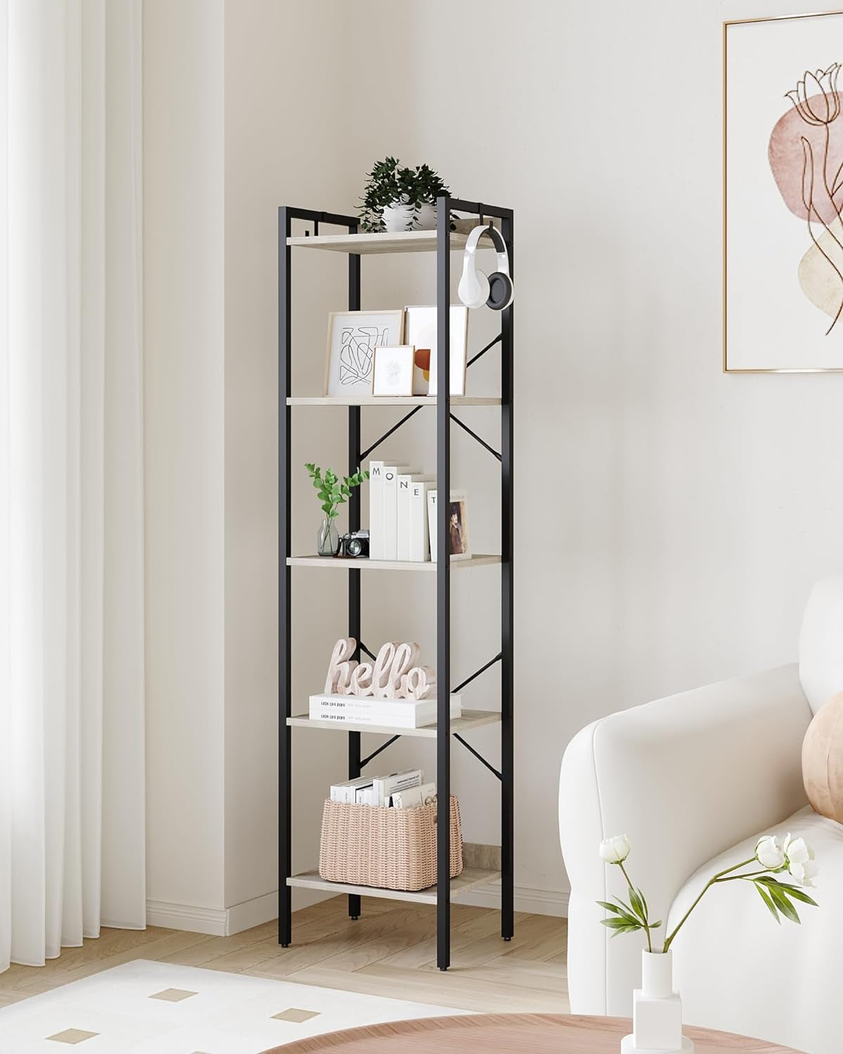 Industrial 5-Tier Bookshelf with Hooks - Greige Corner Storage Organizer for Home Office, Living Room, Bedroom, and Kitchen