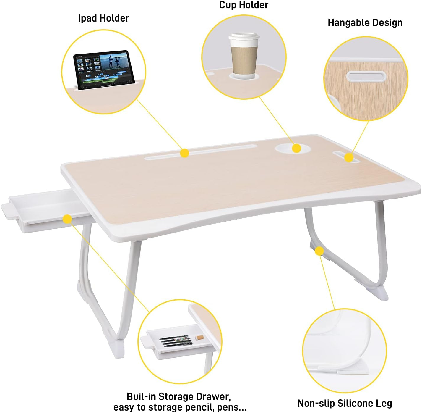 Foldable Portable Laptop Bed Desk Tray with Storage Drawer and Cup Holder for Breakfast and Reading - White Oak