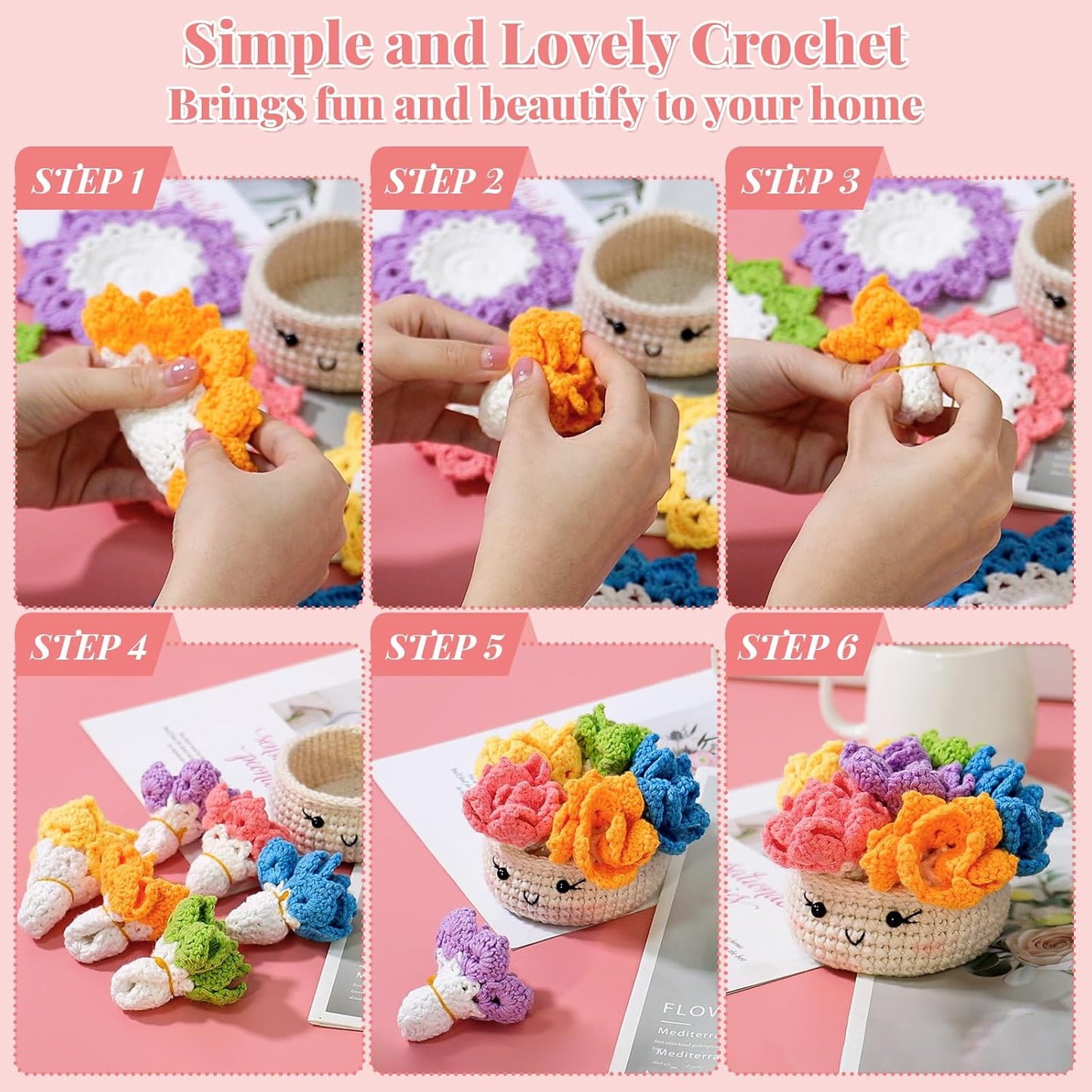Beginner's Crochet Kit: 6-Piece Flower Potted Plant Coaster Set with Crochet Hook, Colorful Yarn, Stitch Marker, and Instruction Manual for Craft Enthusiasts