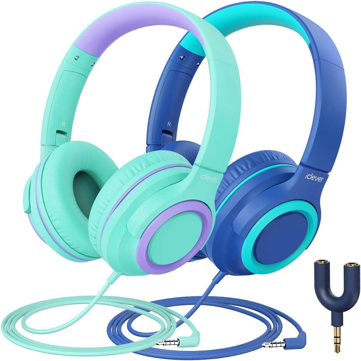 2-Pack Children's Headphones with Sharing Splitter - 94dB Volume Limiting - HS22 Wired Stereo Headphones for Kids and Teens, Tangle-Free 3.5mm Jack, Foldable Design for School, Tablets, and Travel