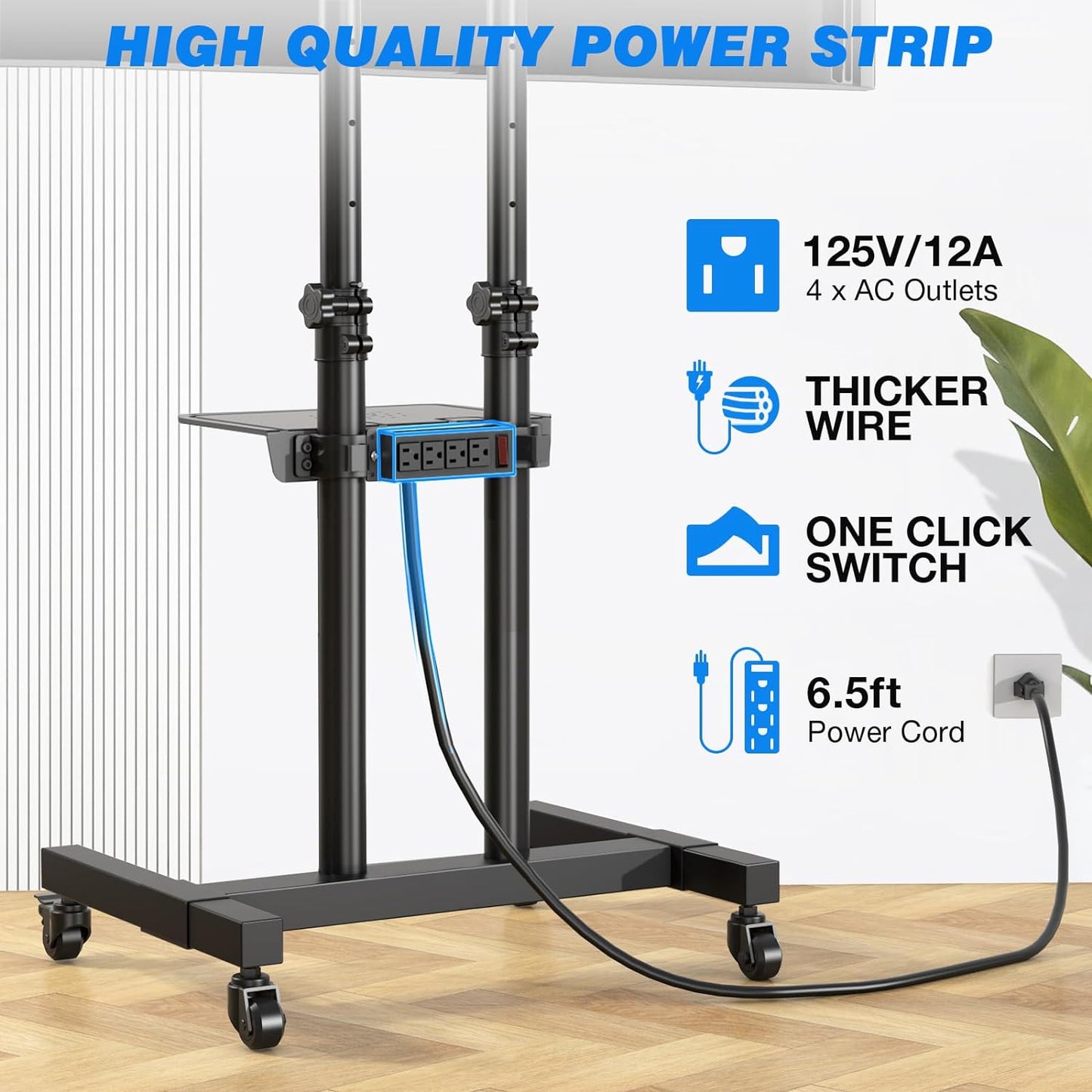 Enhanced Mobile TV Cart with Power Outlet, Durable Rolling Stand for 32-85 Inch TVs up to 132 lbs, Height Adjustable Portable Floor Stand