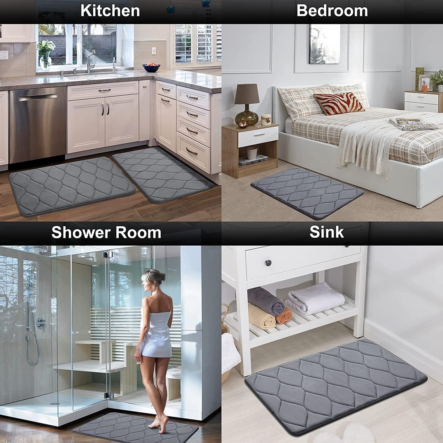 Memory Foam Bath Mats - Soft, Non-Slip, Water-Absorbent, Machine Washable Bathroom Rugs, 24" x 16", Dark Grey