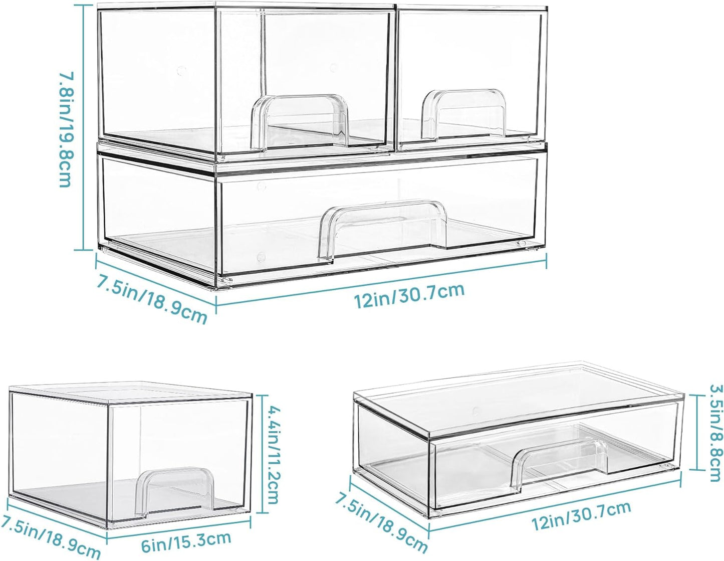 3-Pack Stackable Clear Plastic Drawer Organizers for Makeup and Beauty Supplies