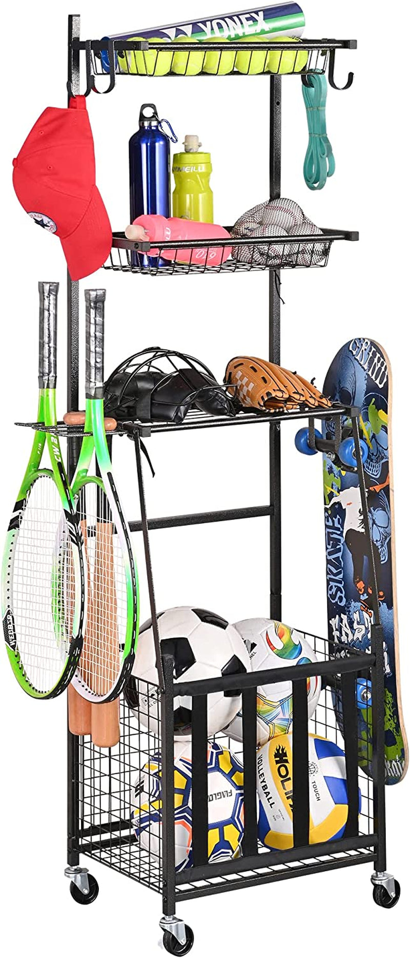 Sports Equipment Organizer for Garage - Ball Storage Rack with Hooks and Baskets for Basketball, Football, and Soccer (Black)