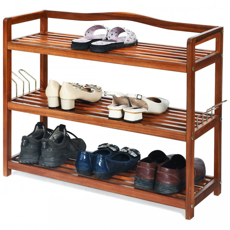 Acacia Wood Shoe Rack with 2-Tier, 3-Tier, and 5-Tier Options and Side Metal Hooks