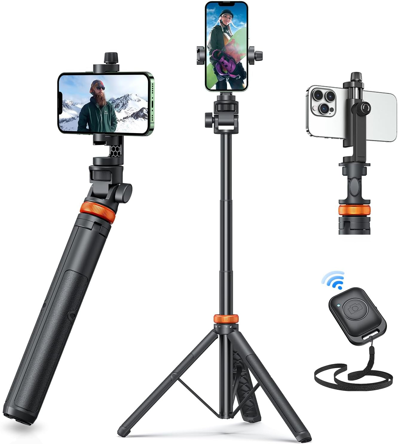 62" Phone Tripod, Tripod for iPhone, Selfie Stick Tripod with Remote, Extendable Phone Tripod Stand, Travel, Compatible with Iphone/Android