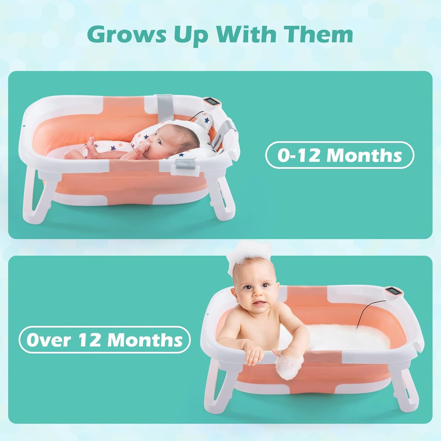 Portable Foldable Baby Bathtub, Multifunctional Collapsible Design, Drain Hole, Baby Bath Cushion - Waterproof Ear Cap