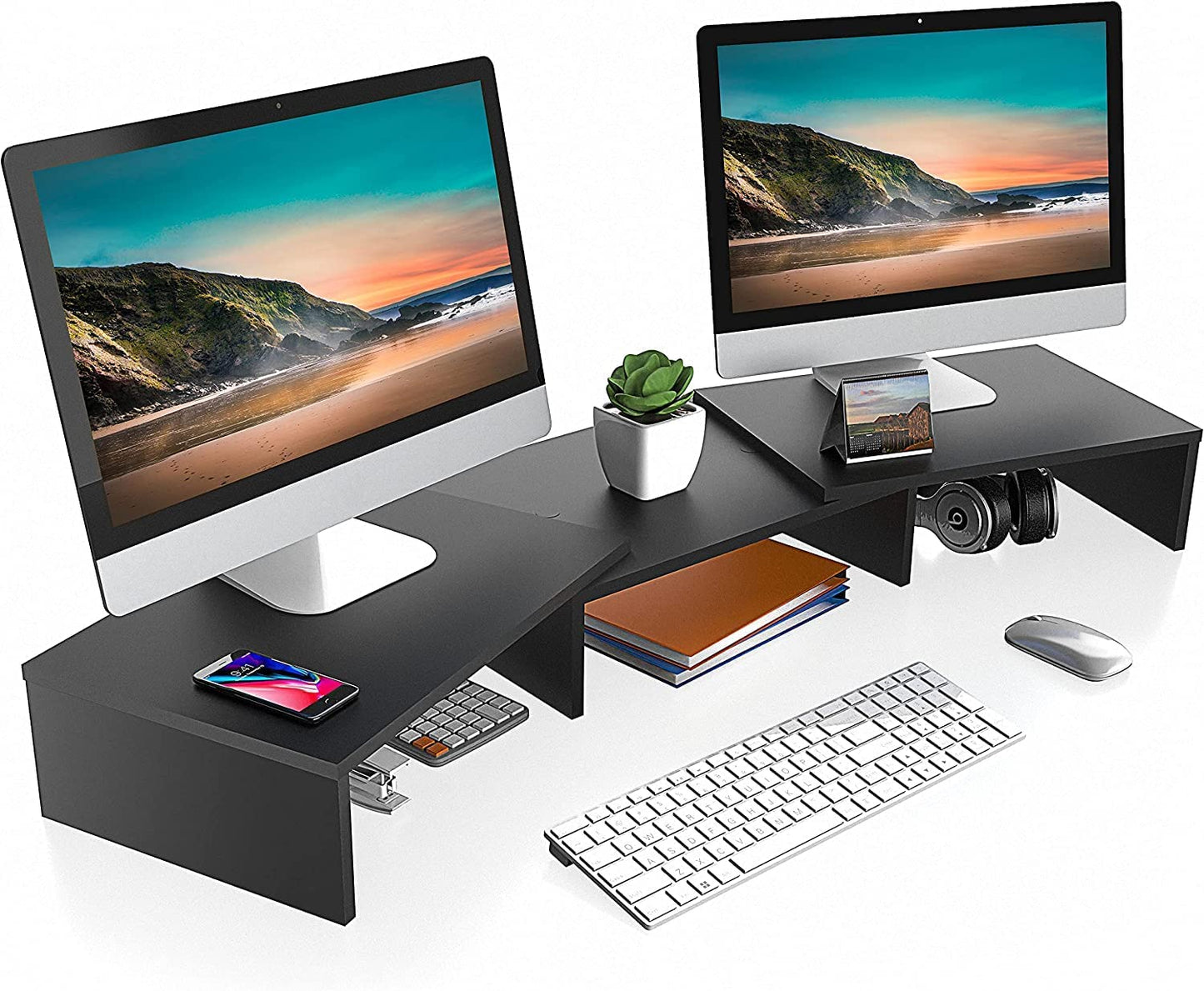 Dual Monitor Stand with Adjustable Length and Angle - 3-Shelf Wood Desktop Riser, Medium Black Office Accessory