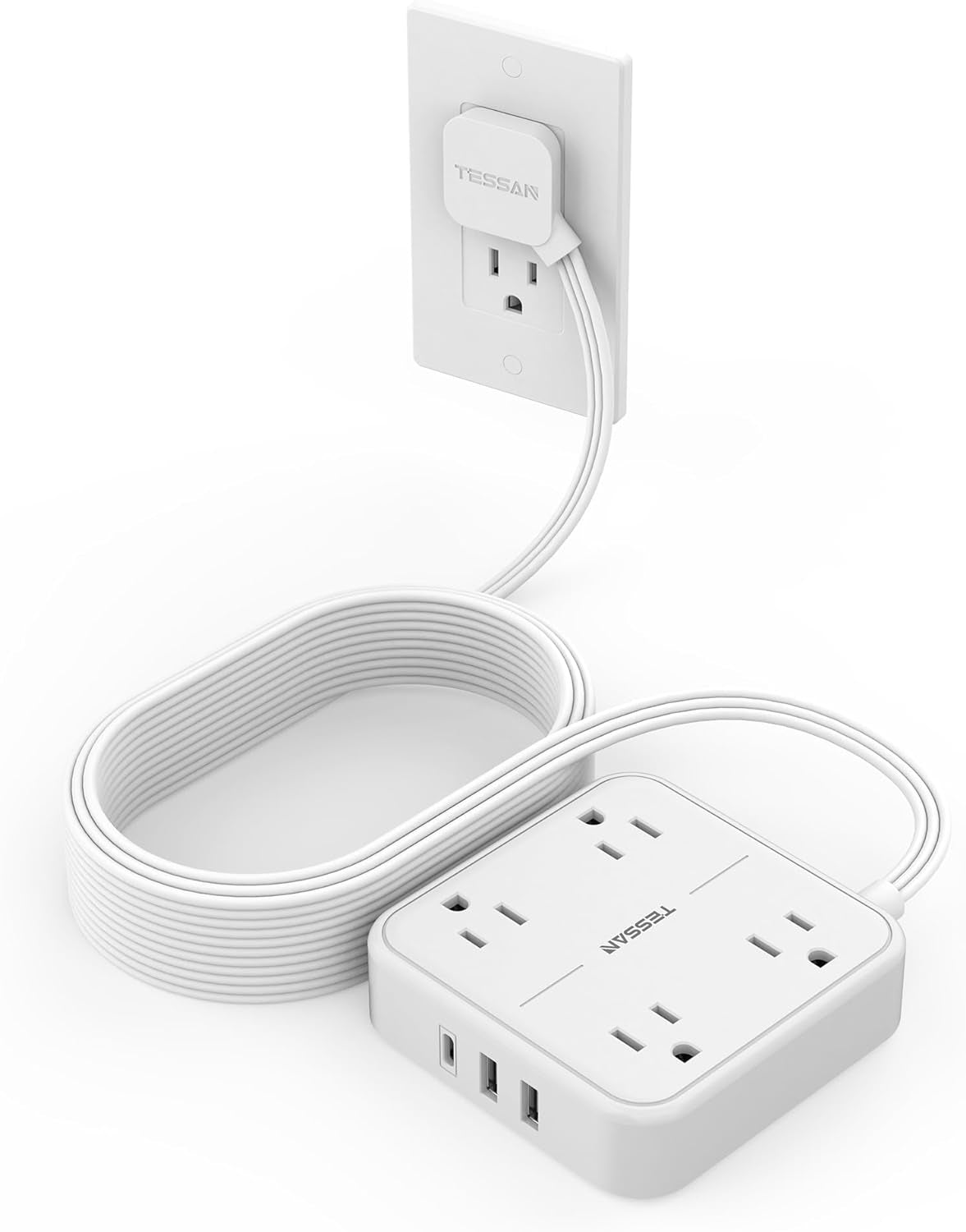 Flat Plug Power Strip with Surge Protection, 5-Foot Extension Cord, 4 Outlets and 3 USB Ports (1 USB-C), Gray