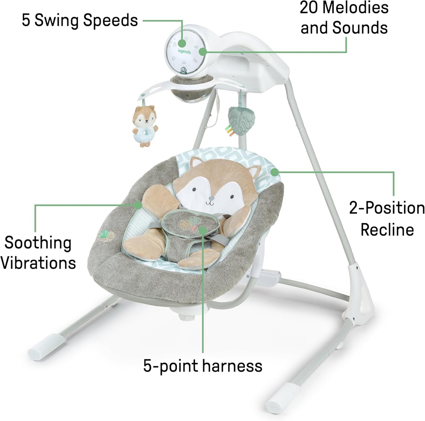 5-Speed Baby Swing - Swivel Seat, 5-Point Safety Harness, Nature Sounds, Ambient Lights