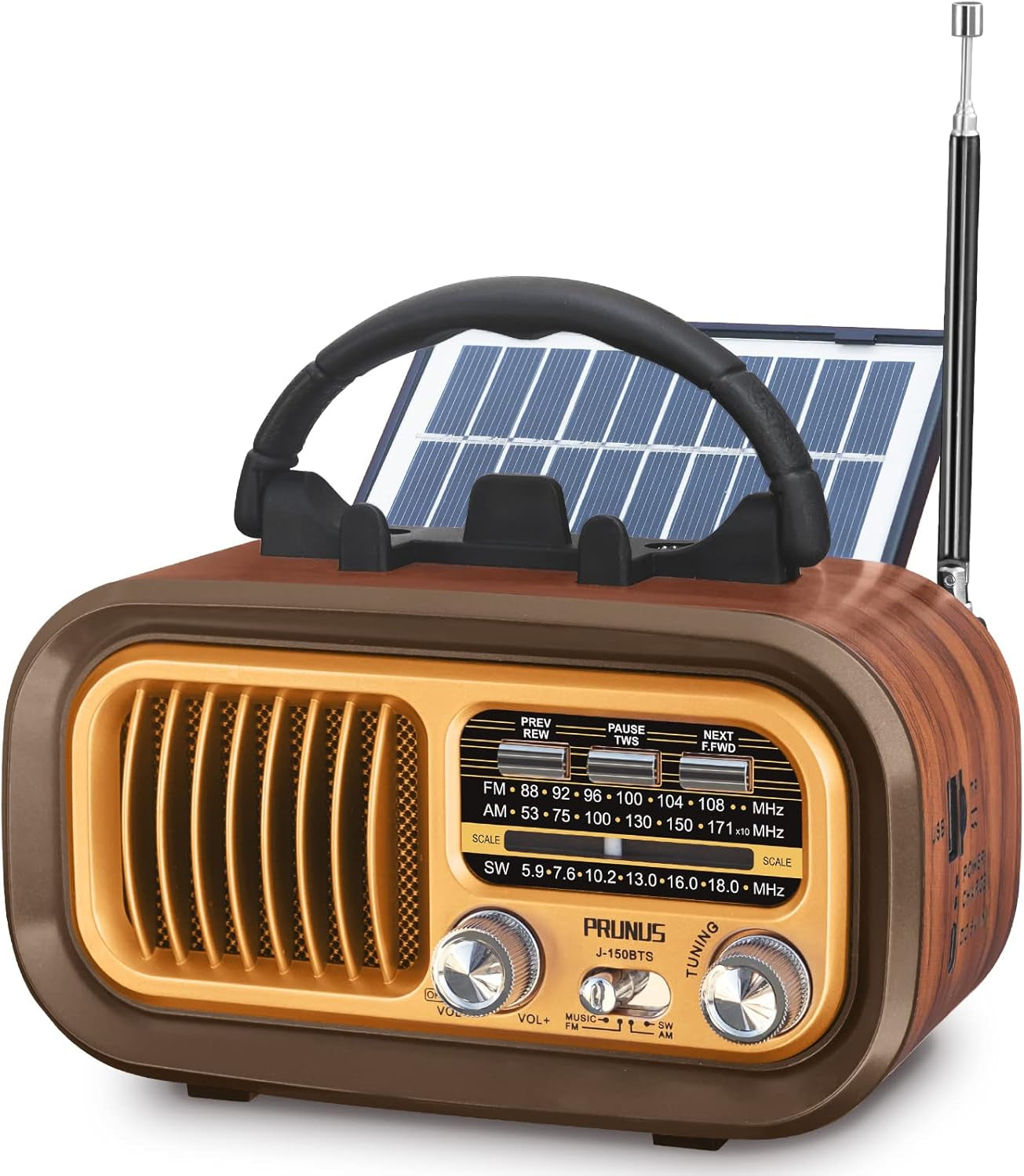 2024 Latest J-150 Compact Retro Bluetooth Radio - Portable AM/FM Transistor, Superior Sound Quality, Solar/Battery Rechargeable, TWS Support, TF Card/USB Playback