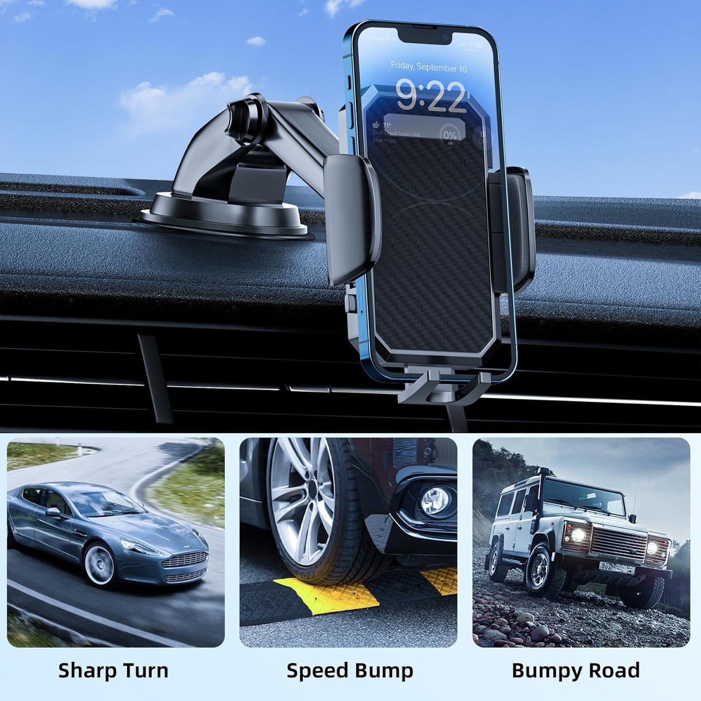3-in-1 Universal Car Phone Holder with Off-Road Level Suction Cup and Clip - Dashboard, Windshield, and Vent Mount